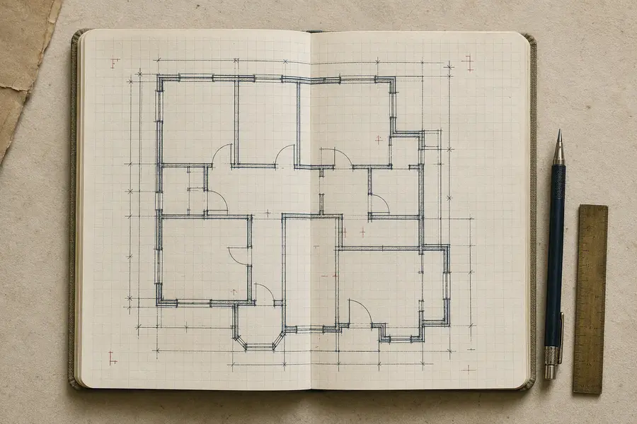 An open graph-paper notebook with a hand-inked floor plan, pencil and brass ruler